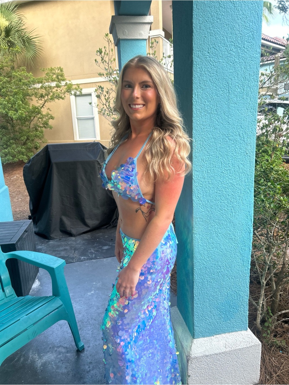 Fashion Nova Iridescent Blue Sequin Two-Piece Set